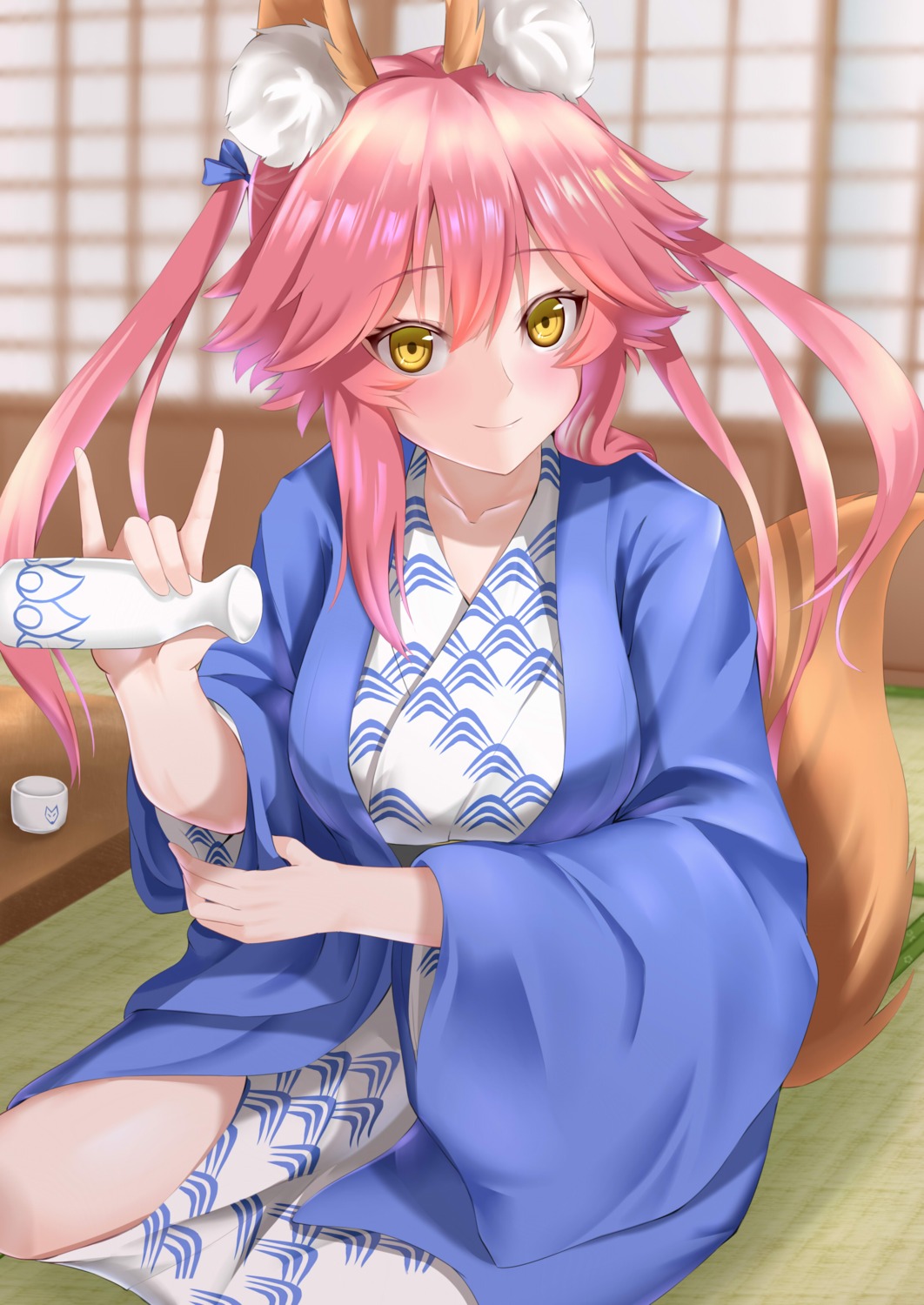 animal_ears fate/grand_order kamehito kitsune sake tail tamamo_no_mae yukata