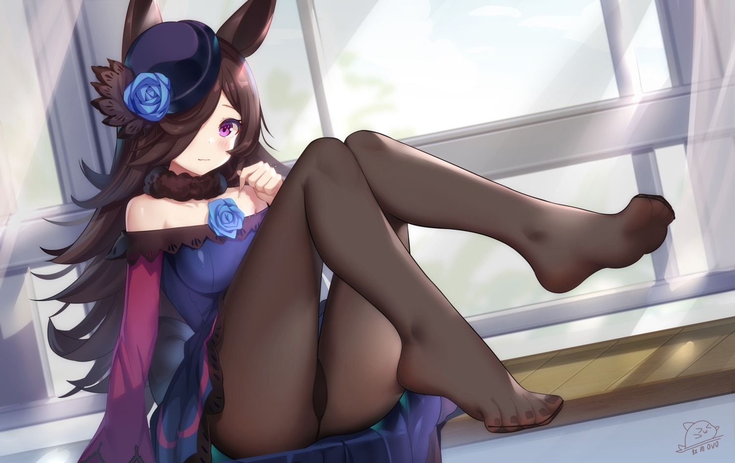 animal_ears dress feet hong_bai pantyhose rice_shower_(umamusume) skirt_lift uma_musume_pretty_derby