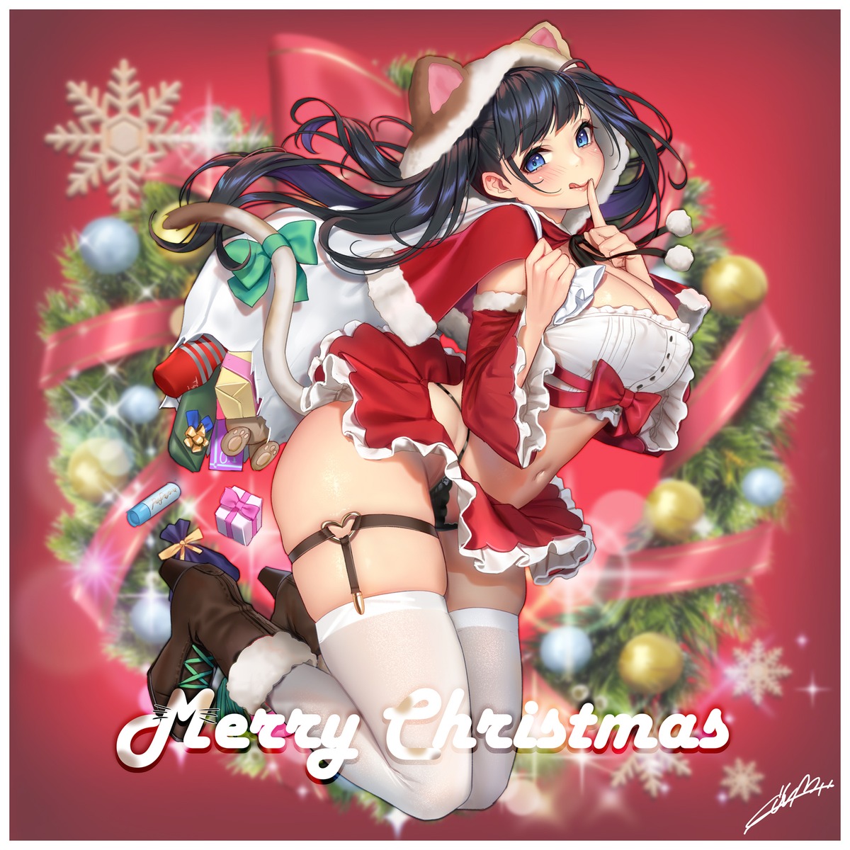 animal_ears christmas cleavage garter heels masami_chie no_bra pantsu skirt_lift stockings tail thighhighs