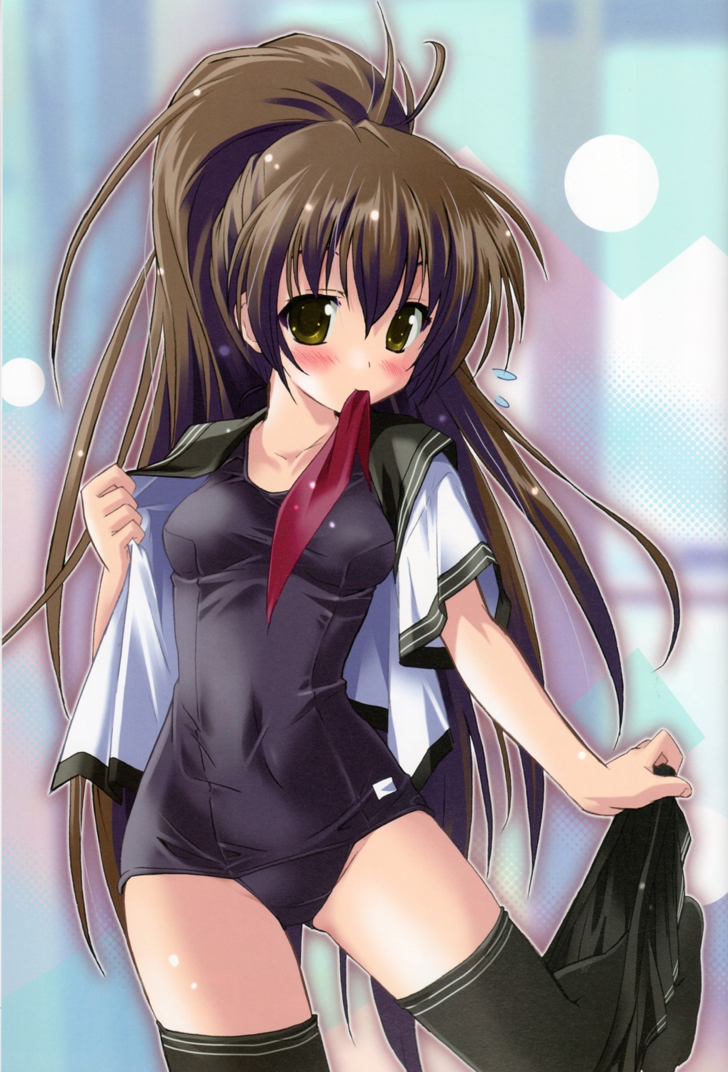 komatsu_e-ji open_shirt paper_texture school_swimsuit seifuku swimsuits thighhighs undressing