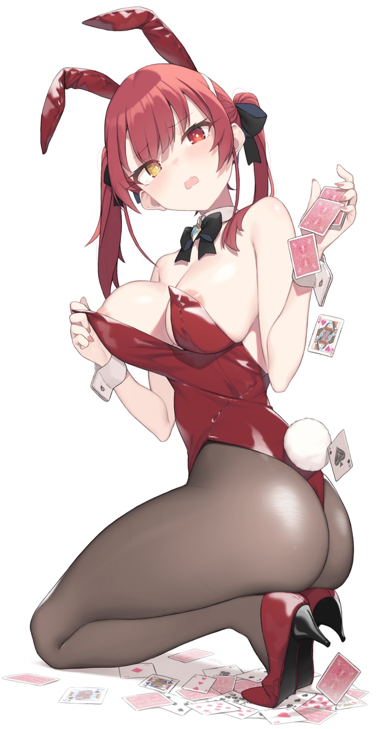 animal_ears areola ass bunny_ears bunny_girl cloba heels heterochromia hololive houshou_marine nipples no_bra pantyhose see_through tail undressing wardrobe_malfunction