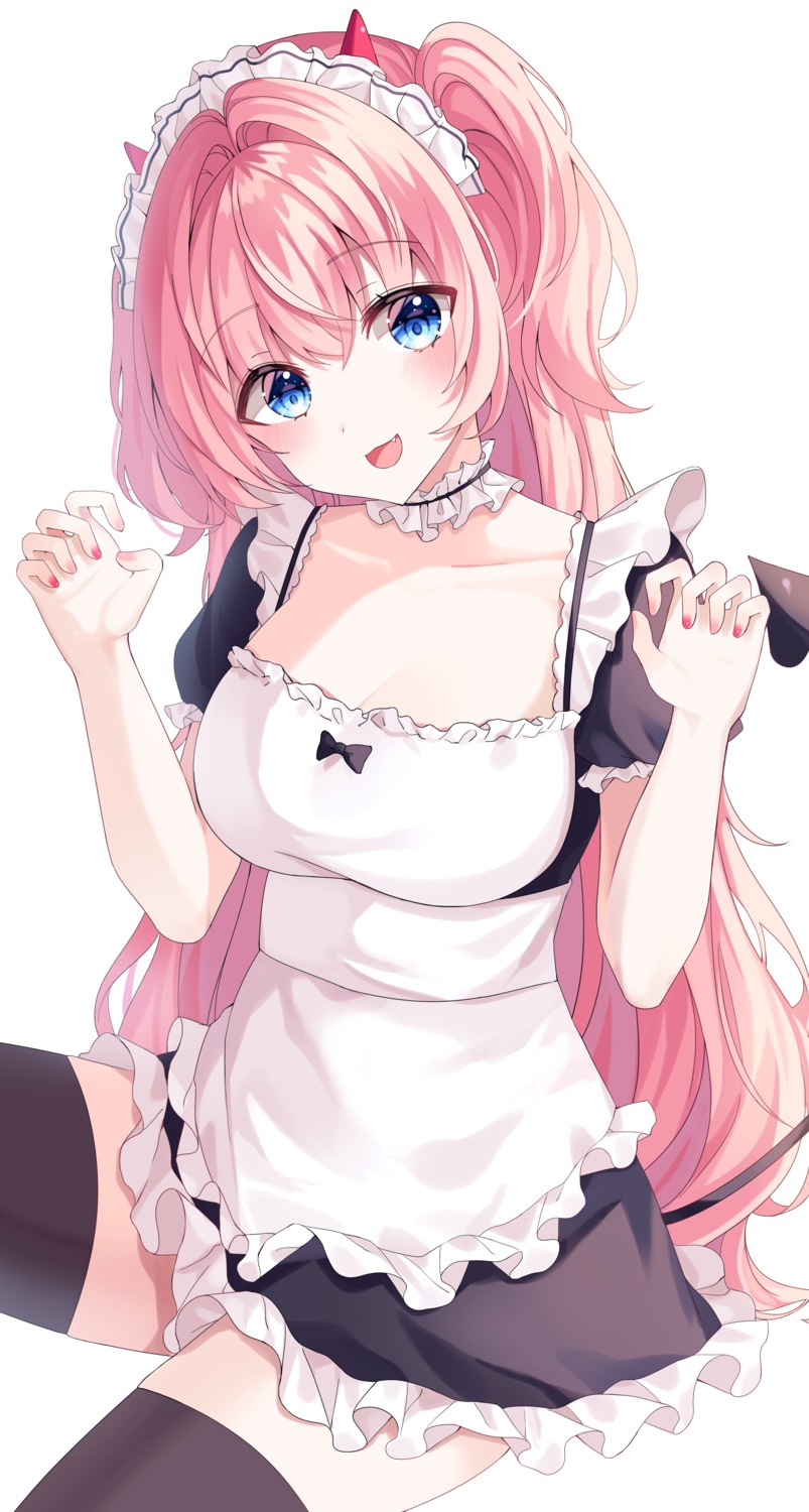 cleavage horns maid skirt_lift tail tess_(88884) thighhighs