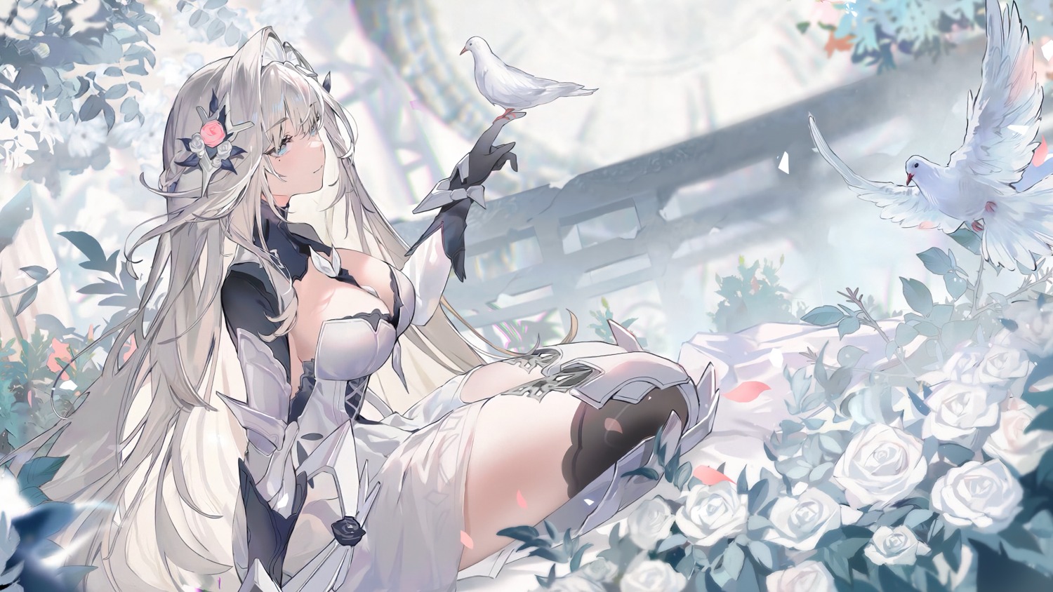 armor bianca_(punishing:_gray_raven) dress kuuus no_bra punishing:_gray_raven thighhighs wallpaper yanderenasa