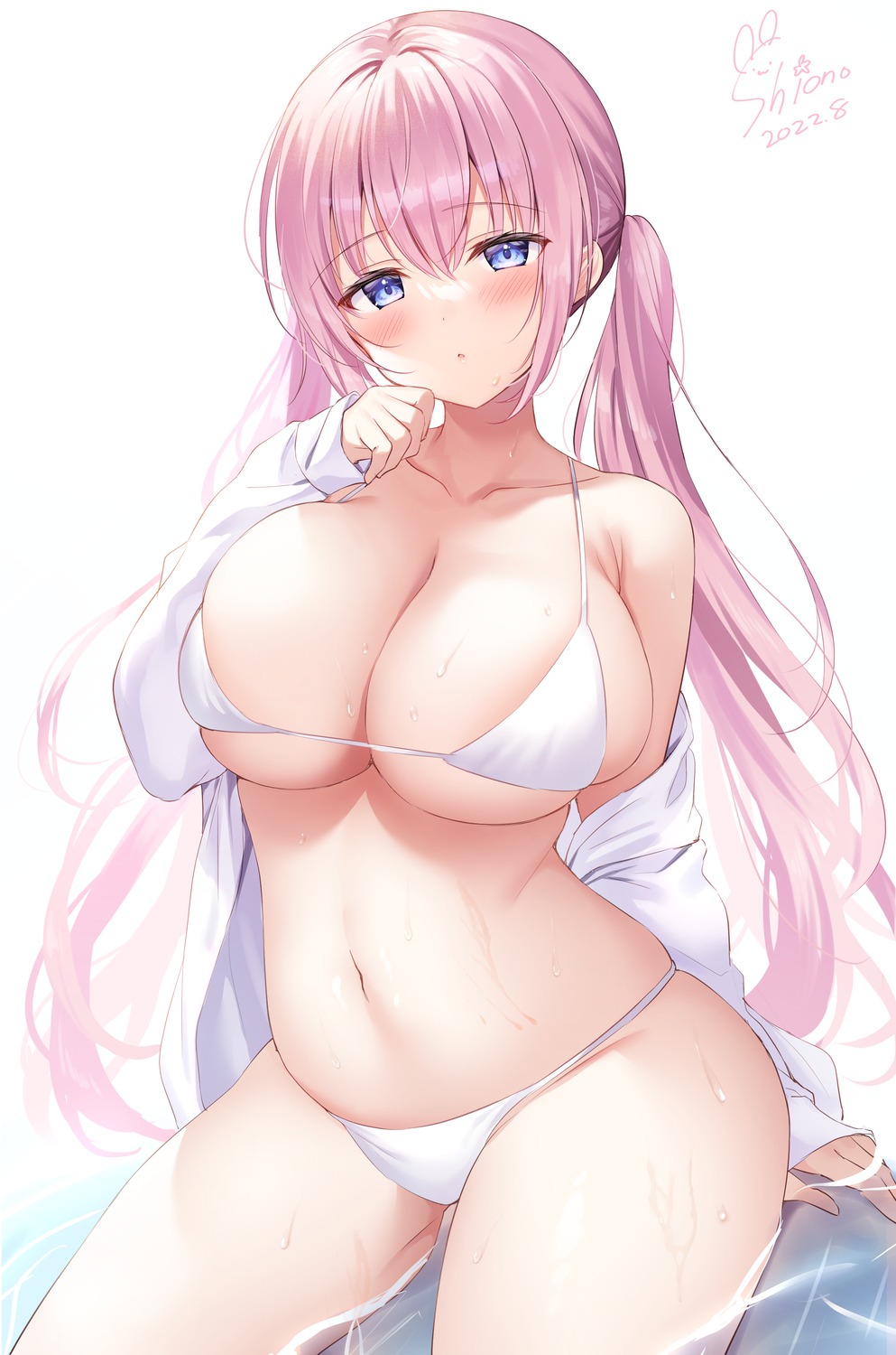 bikini dress_shirt open_shirt siooooono swimsuits wet