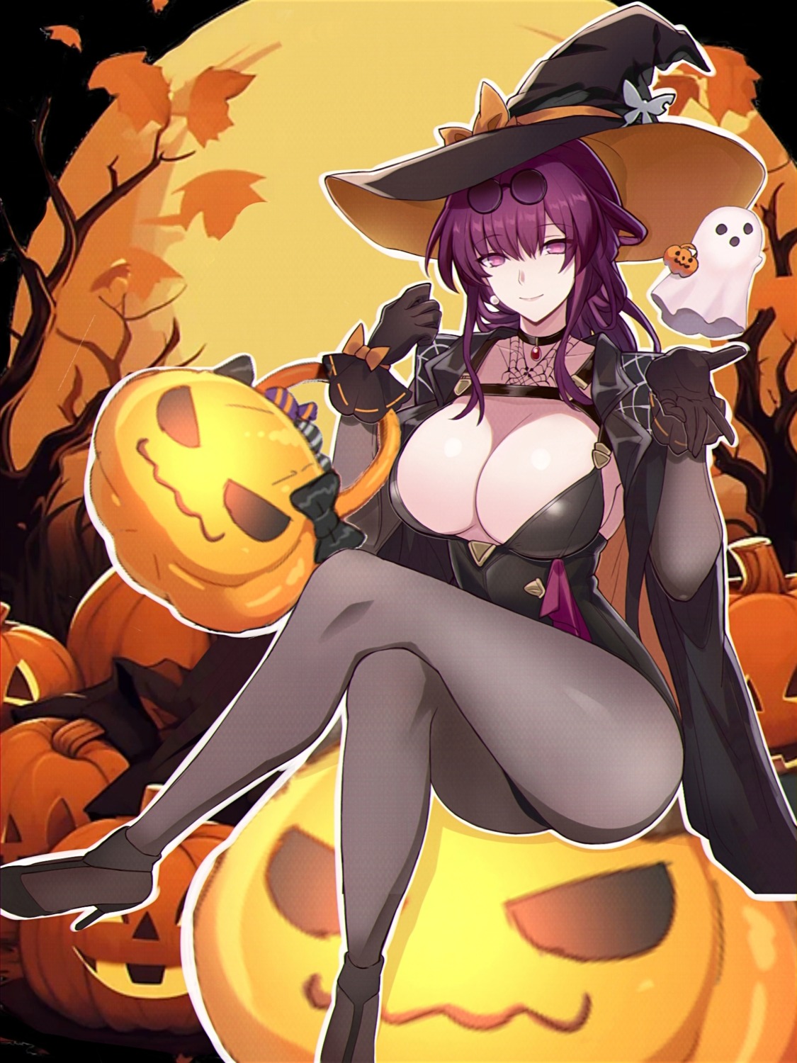 gangshangguang_(smjy5842) halloween heels honkai:_star_rail kafka_(honkai:_star_rail) leotard megane no_bra pantyhose witch