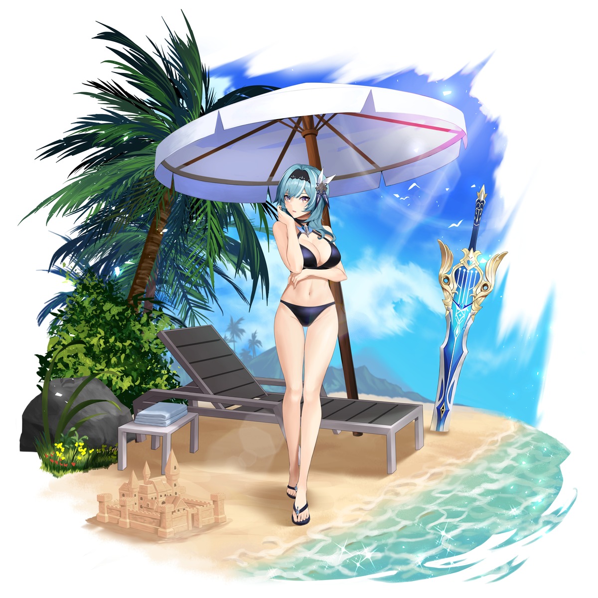 bikini breast_hold cleavage eula genshin_impact swimsuits sword wama