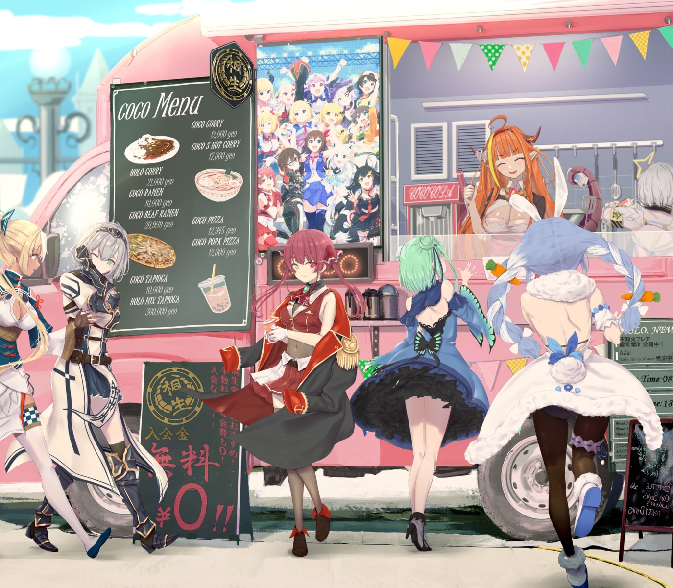 amane_kanata angel animal_ears armor bunny_ears cleavage dress garter heels heterochromia hololive horns houshou_marine kiryuu_coco megane pantyhose pointy_ears shiranui_flare shirogane_noel skirt_lift tail terebi_(shimizu1996) thighhighs uniform uruha_rushia usada_pekora wings