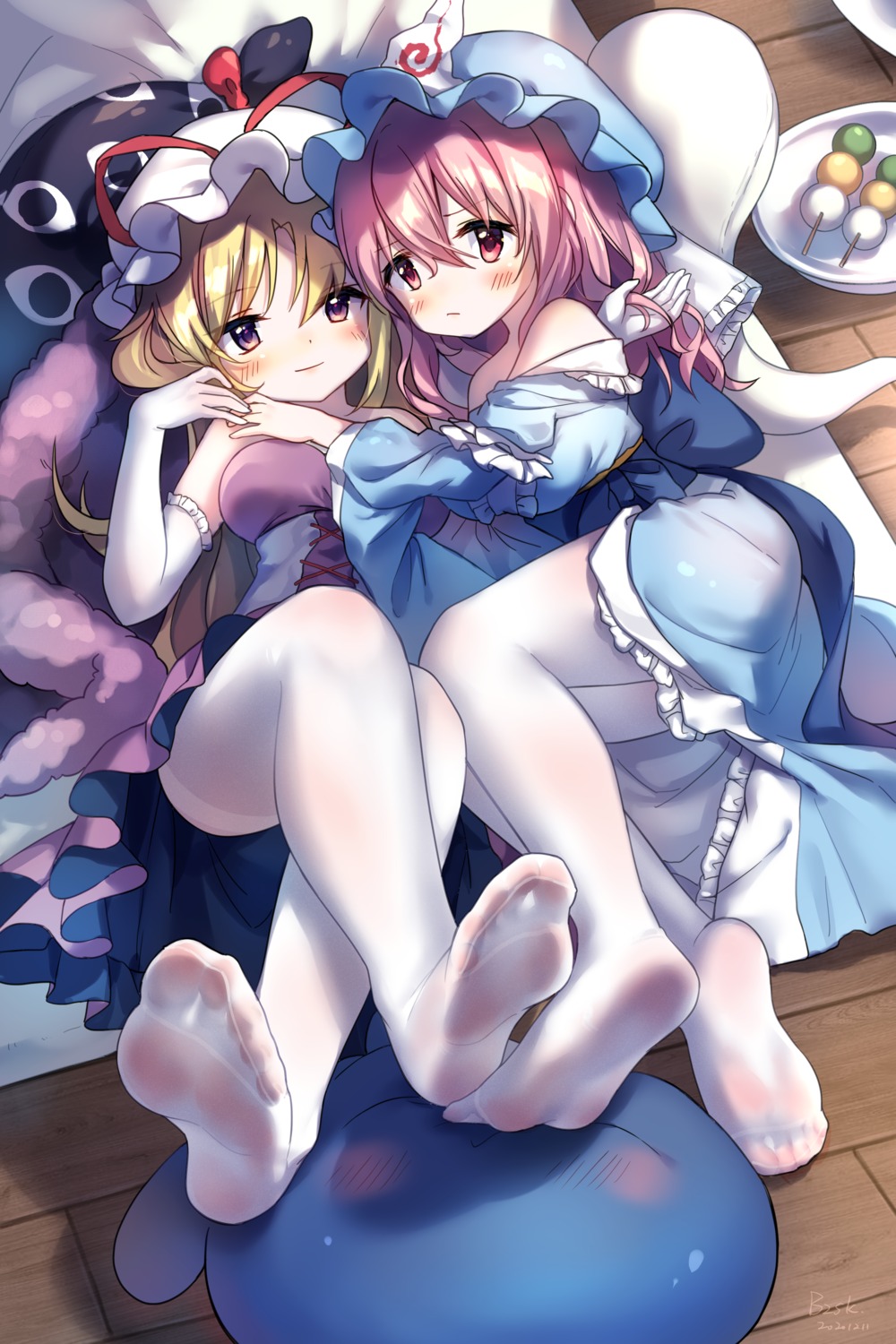 bzsk. dress feet pantyhose saigyouji_yuyuko skirt_lift touhou yakumo_yukari