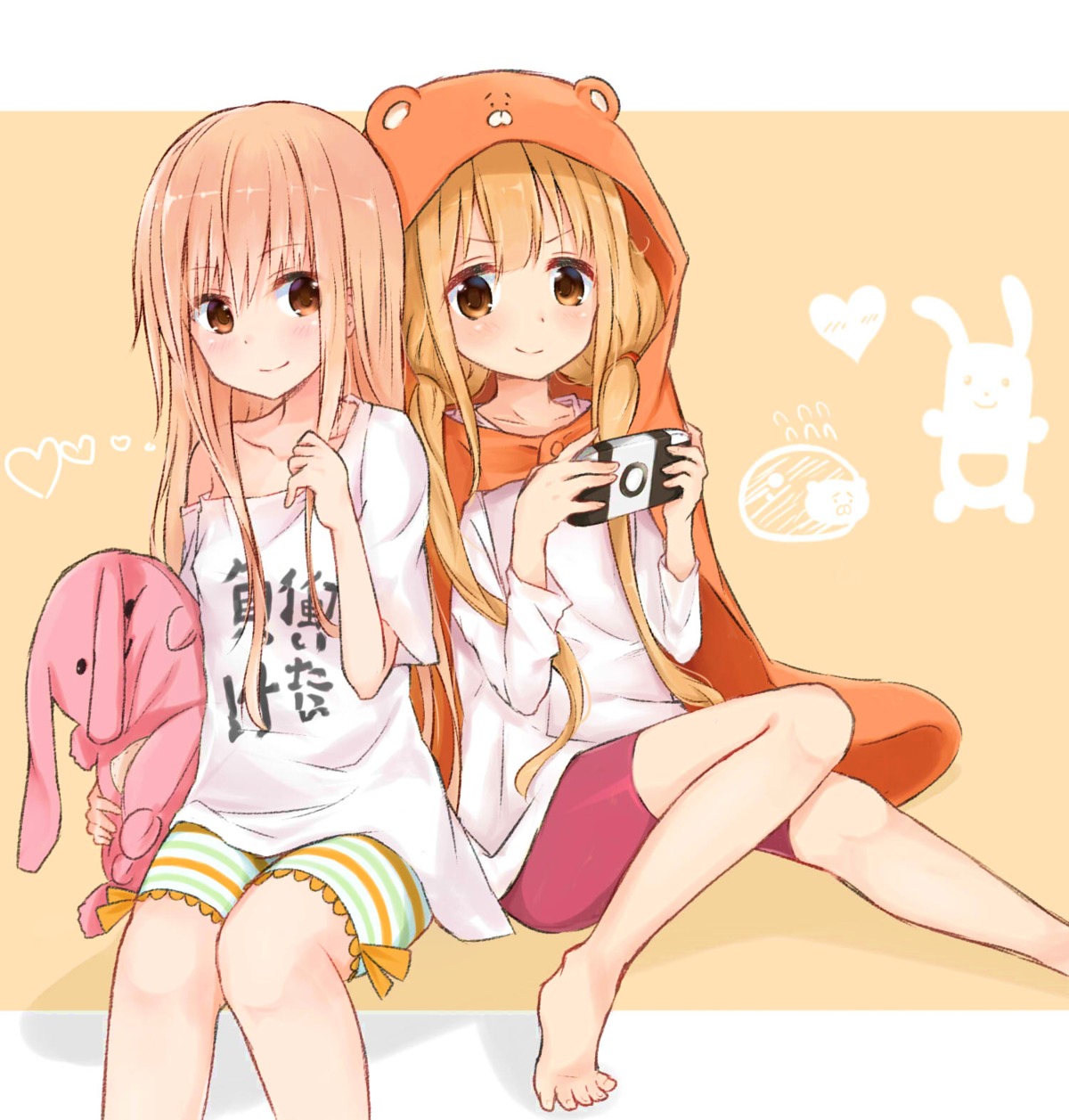 bike_shorts cosplay crossover doma_umaru feet futaba_anzu himouto!_umaru-chan huwari_(dnwls3010) the_idolm@ster the_idolm@ster_cinderella_girls