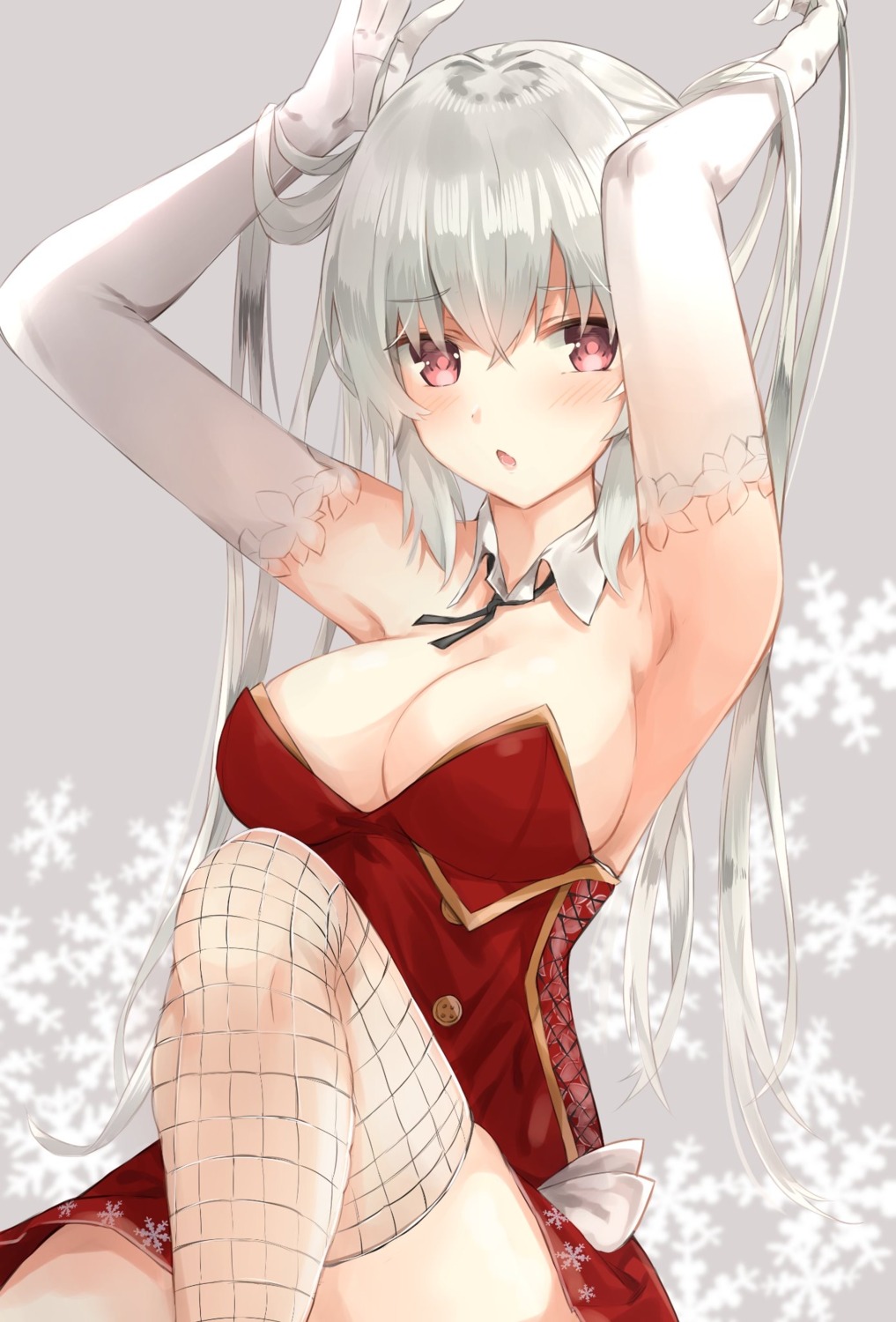 cleavage dress fishnets no_bra skirt_lift thighhighs tomura2maru