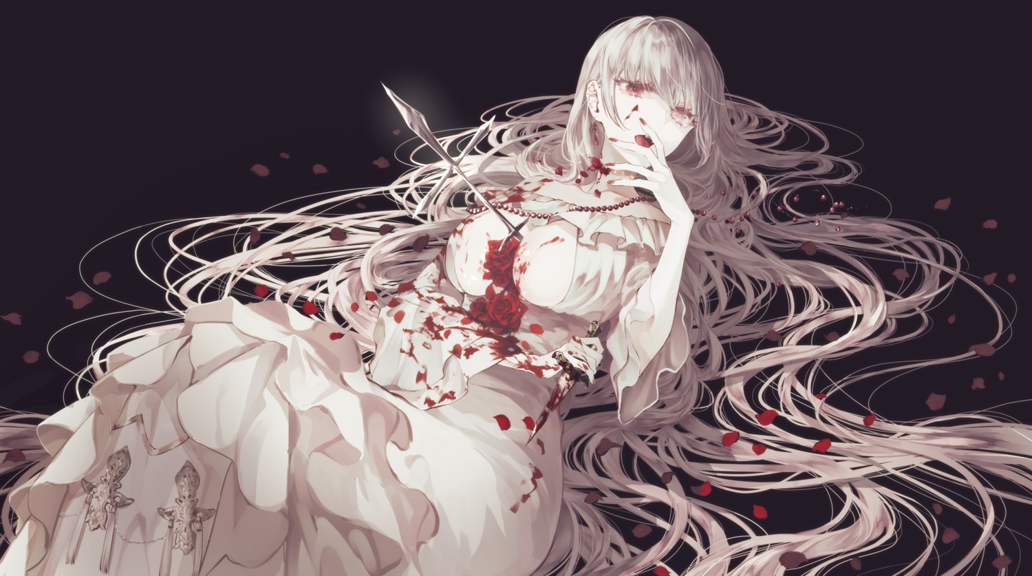 blood dress ichishisha no_bra open_shirt weapon