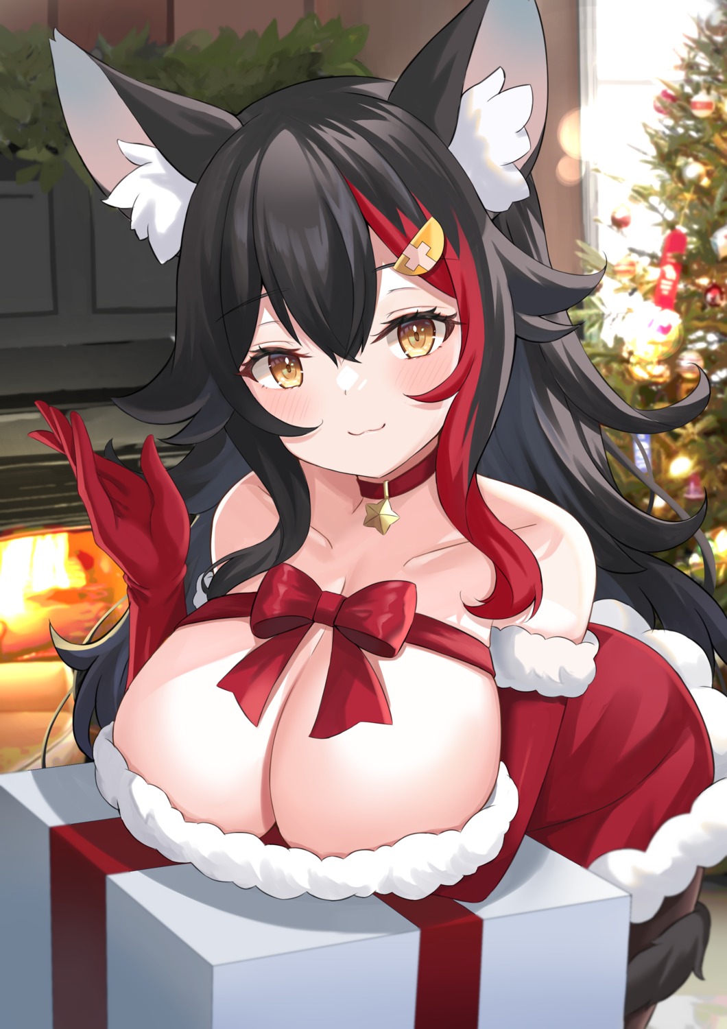 animal_ears christmas hololive hololive_gamers kurashina_yuzuki no_bra ookami_mio tail