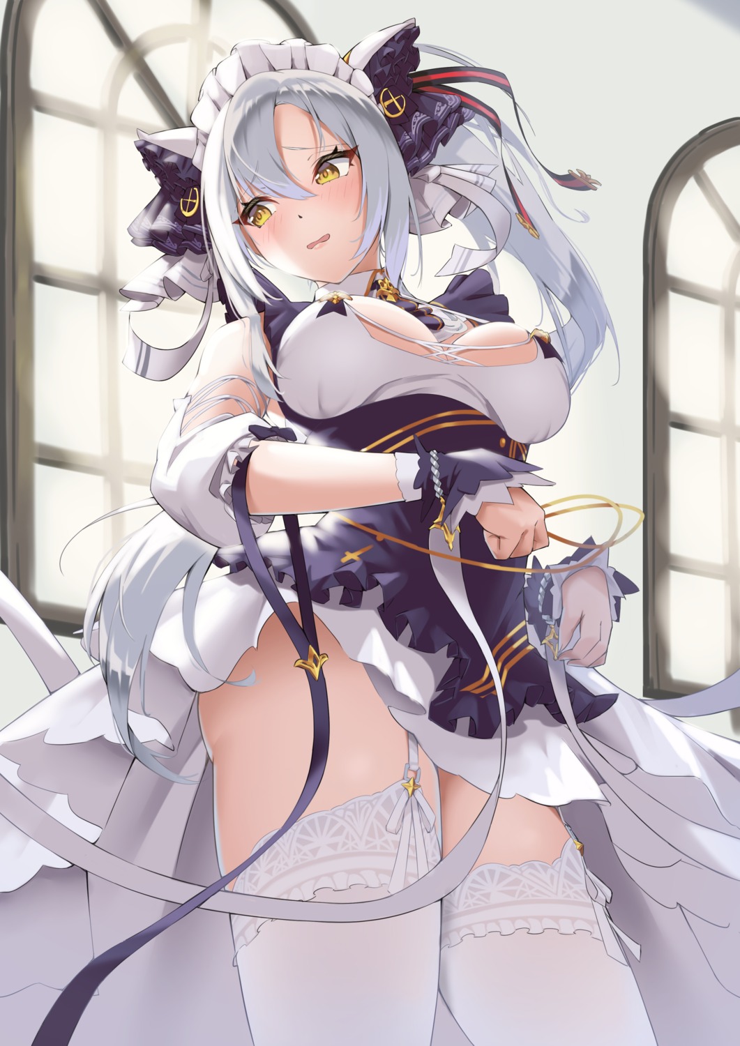 azur_lane cheshire_(azur_lane) cosplay drake_(azur_lane) maid no_bra nukege_ojisan skirt_lift stockings thighhighs