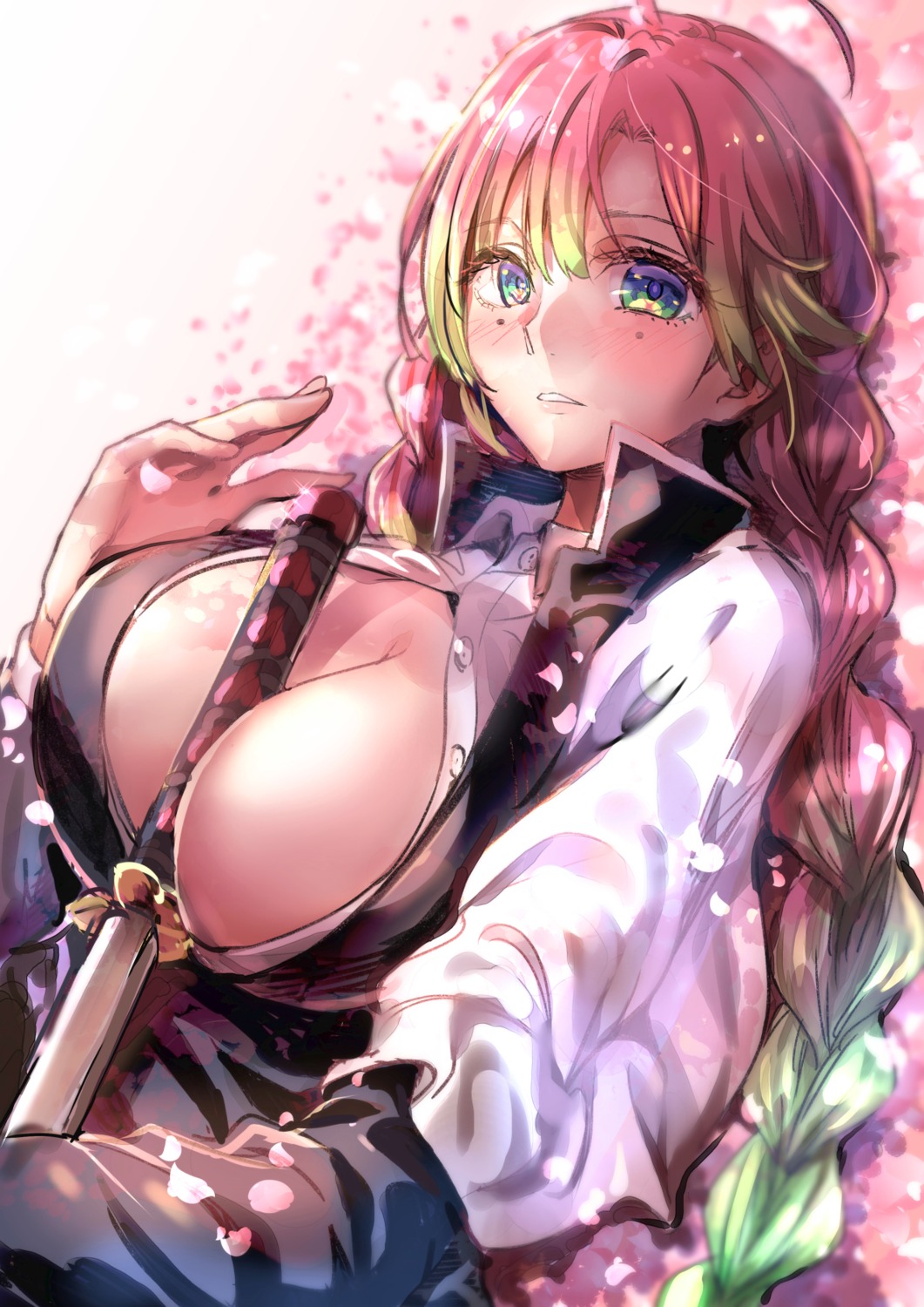 akechi_shizuku cleavage kanroji_mitsuri kimetsu_no_yaiba no_bra open_shirt sword uniform