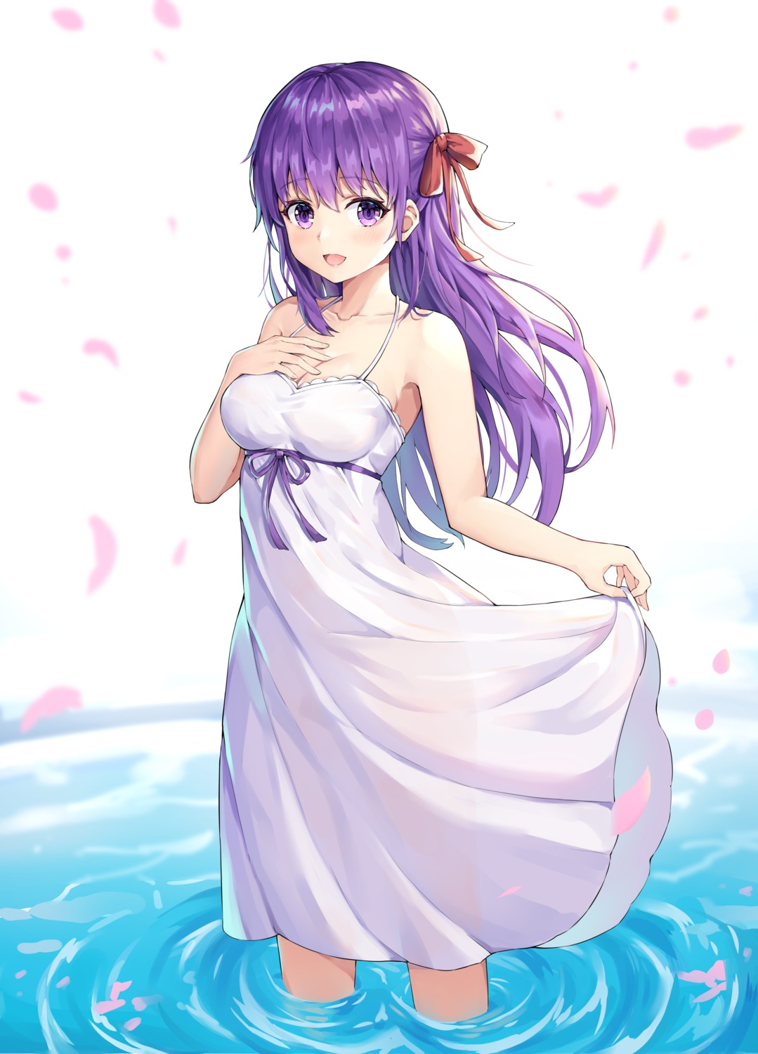 breast_hold cleavage dress fate/stay_night kizuna matou_sakura see_through skirt_lift summer_dress wet