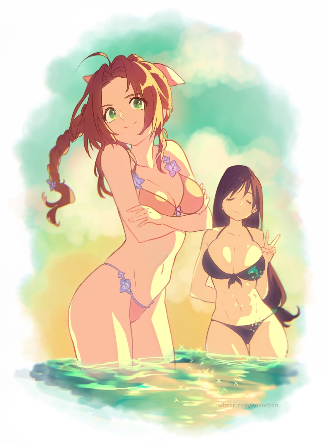 aerith_gainsborough bikini breast_hold cleavage final_fantasy final_fantasy_vii goku-chan swimsuits tifa_lockhart wet