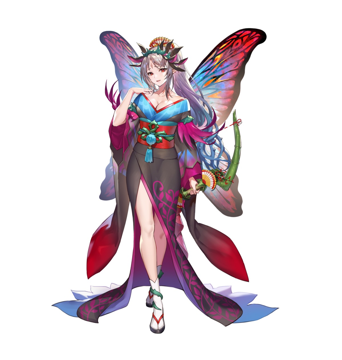 breast_hold fire_emblem fire_emblem_heroes heels kimono nintendo no_bra open_shirt plumeria_(fire_emblem) pointy_ears tattoo teffish wings