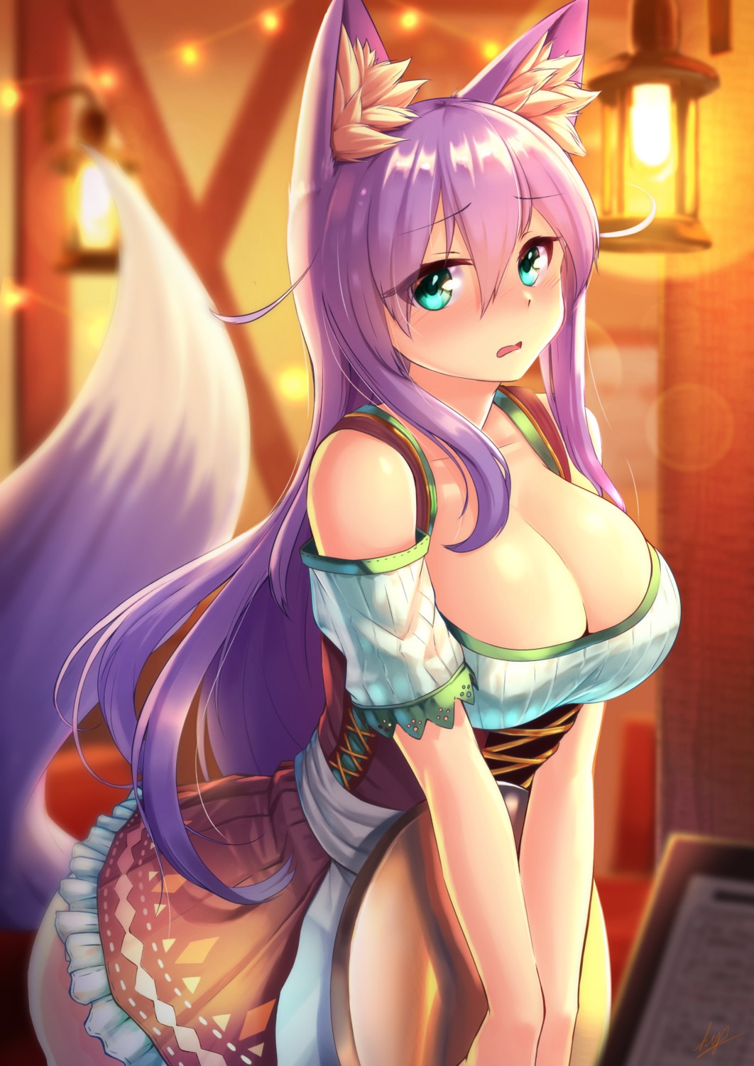 animal_ears cleavage kitsune kyu_(wein-seria) no_bra tail waitress