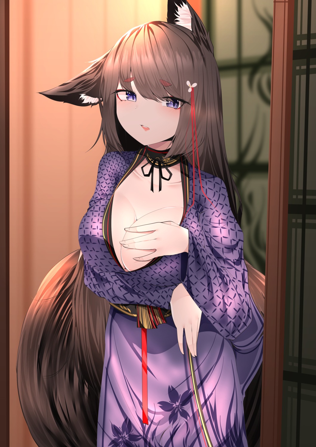 amagi_(azur_lane) animal_ears azur_lane breast_hold japanese_clothes kitsune no_bra open_shirt samip tail