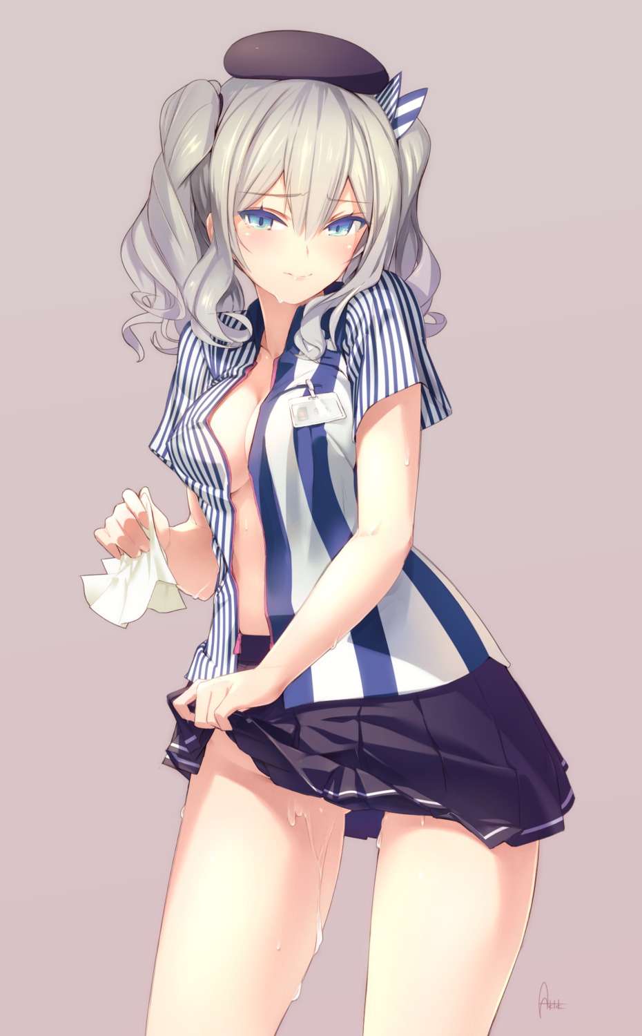 azumi_akitake kantai_collection kashima_(kancolle) lawson no_bra open_shirt pussy_juice skirt_lift uniform