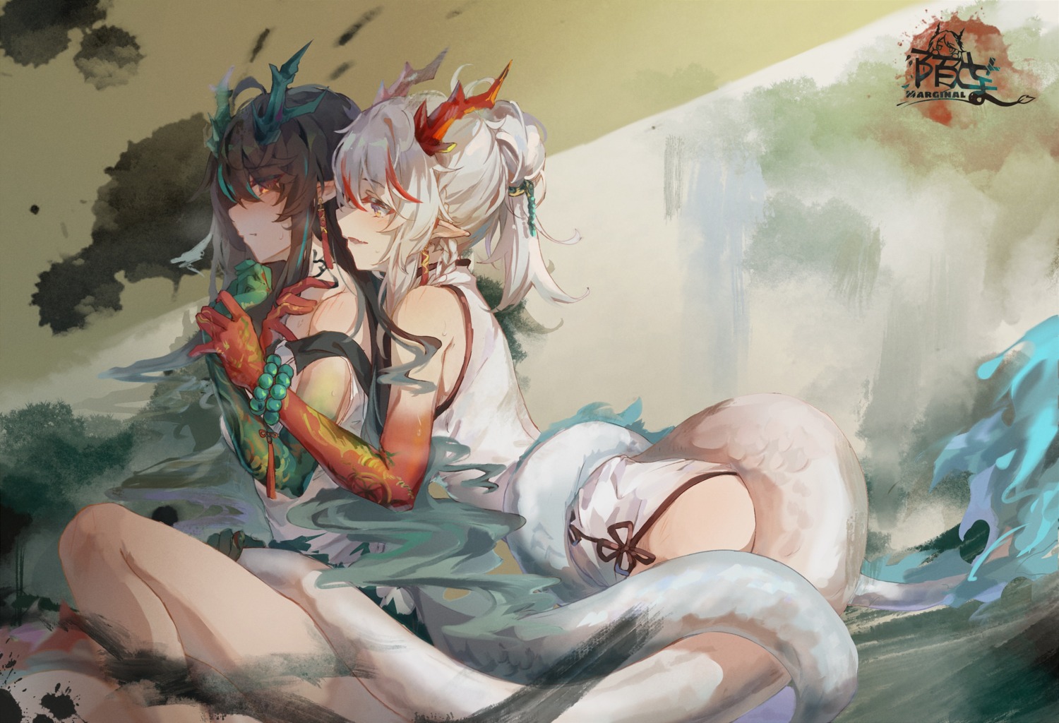 arknights chinadress dusk_(arknights) horns moyu_marginal nian_(arknights) pointy_ears tail tattoo yuri