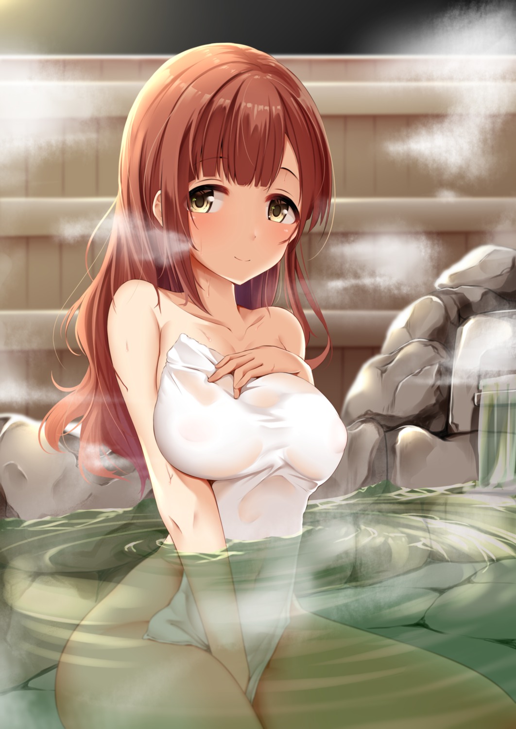 bathing breast_hold erect_nipples igarashi_kyouko naked onsen see_through the_idolm@ster the_idolm@ster_cinderella_girls towel wet yigra_don
