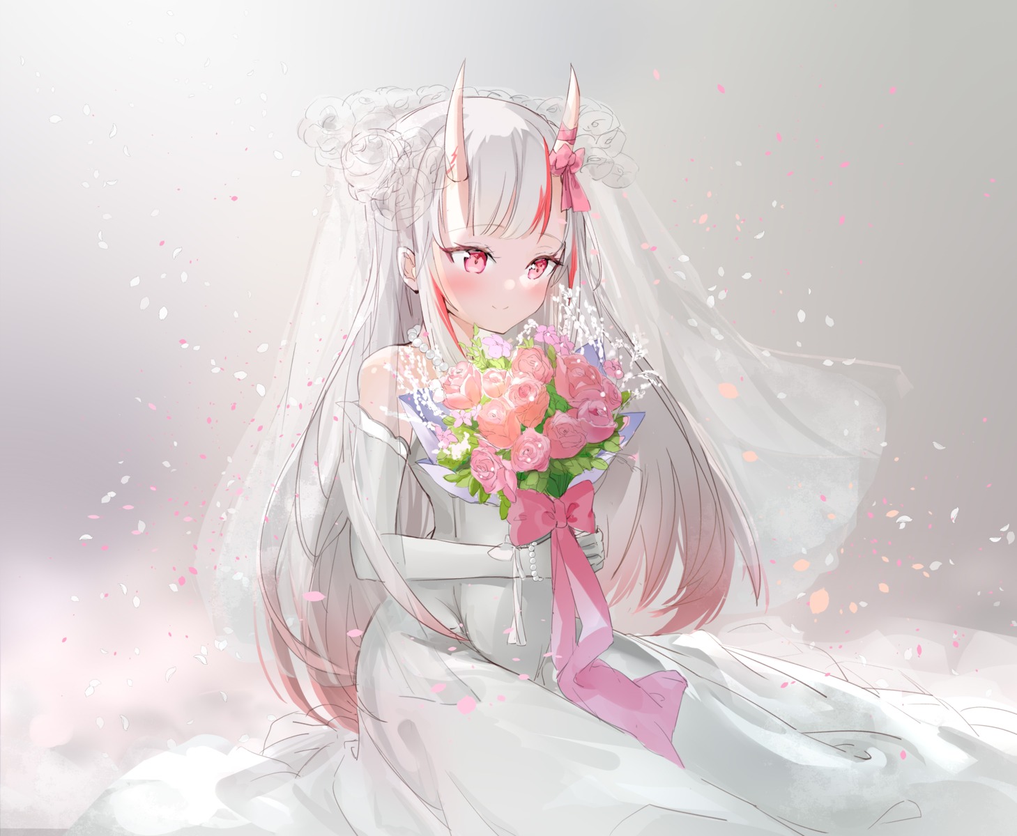 dress hololive horns nakiri_ayame shancha wedding_dress