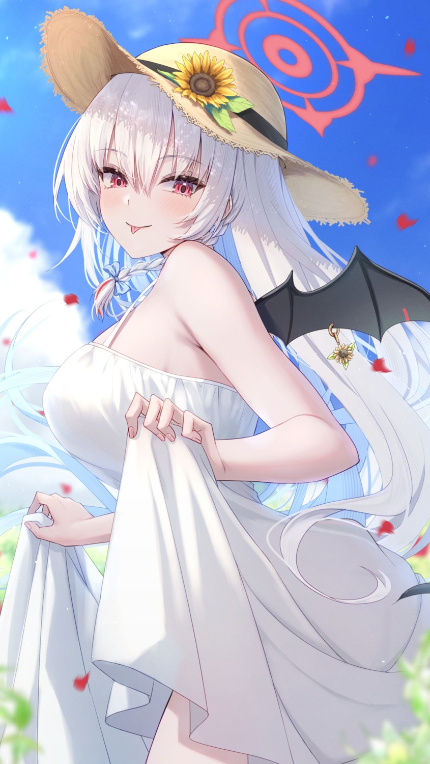 blue_archive devil dress halo kurodate_haruna no_bra primamiya skirt_lift summer_dress tail wings