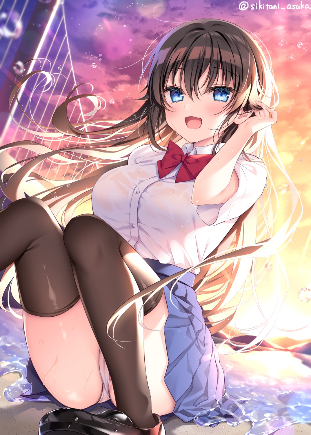 bra cameltoe pantsu see_through seifuku shikitani_asuka skirt_lift thighhighs thong wet wet_clothes