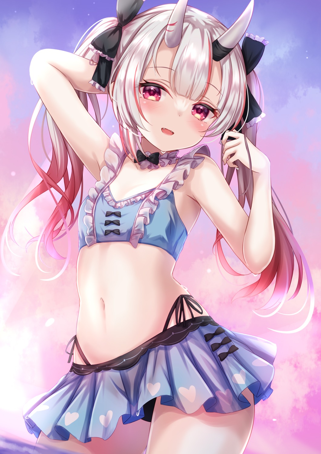 bikini hololive horns nakiri_ayame skirt_lift swimsuits wet yuano