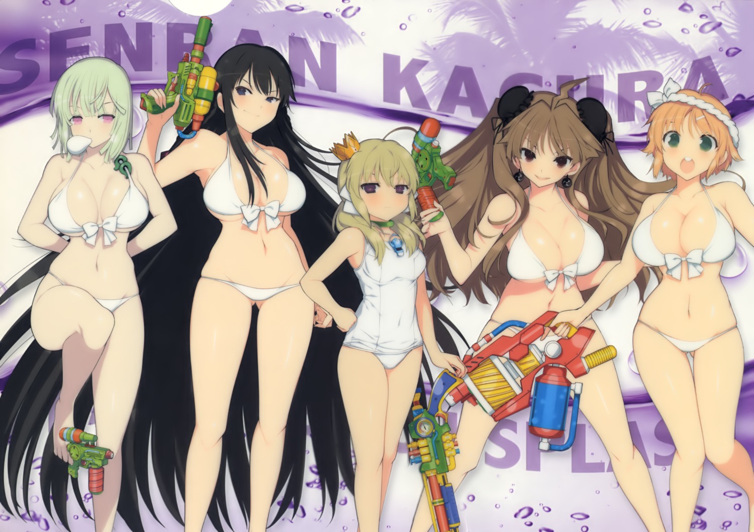 bikini cleavage gun hanabi_(senran_kagura) kafuru_(senran_kagura) kagura_(senran_kagura) naraku_(senran_kagura) renka_(senran_kagura) school_swimsuit senran_kagura senran_kagura:_peach_beach_splash swimsuits underboob yaegashi_nan