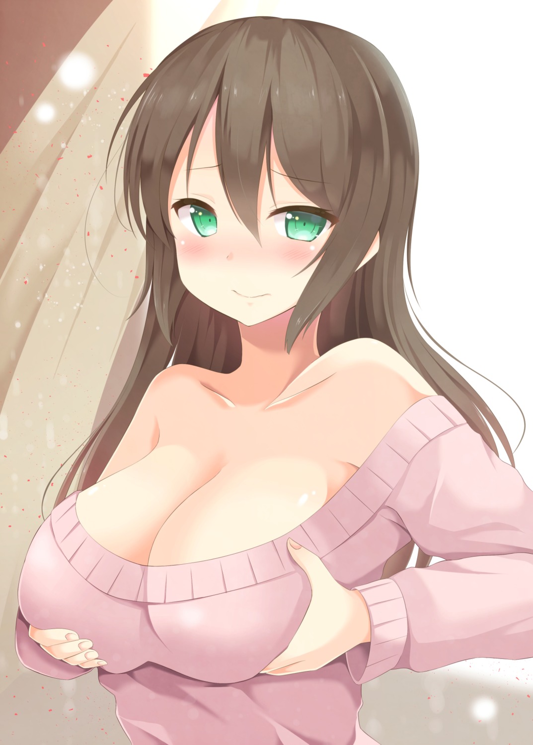 aibumi breast_grab cleavage no_bra sweater