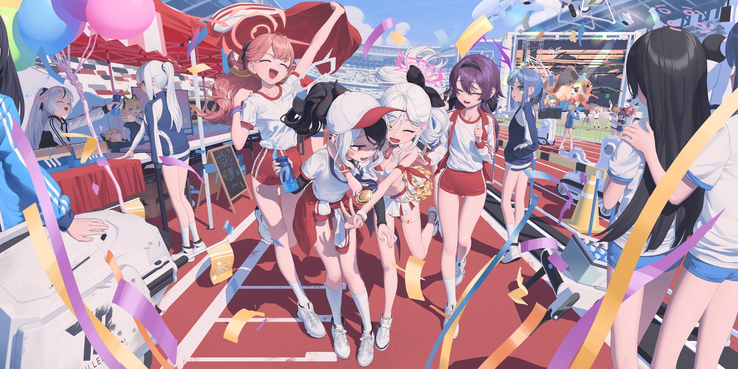 animal_ears asagi_mutsuki bandaid blue_archive buruma cheerleader gym_uniform halo horns igusa_haruka nekomimi onikata_kayoko rikuhachima_aru rui_(rei_leyi) saiba_midori saiba_momoi