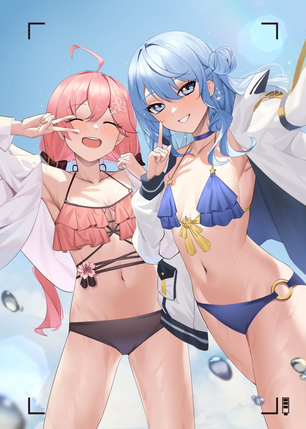 bikini cleavage hololive hoshimachi_suisei jmao open_shirt sakura_miko selfie swimsuits