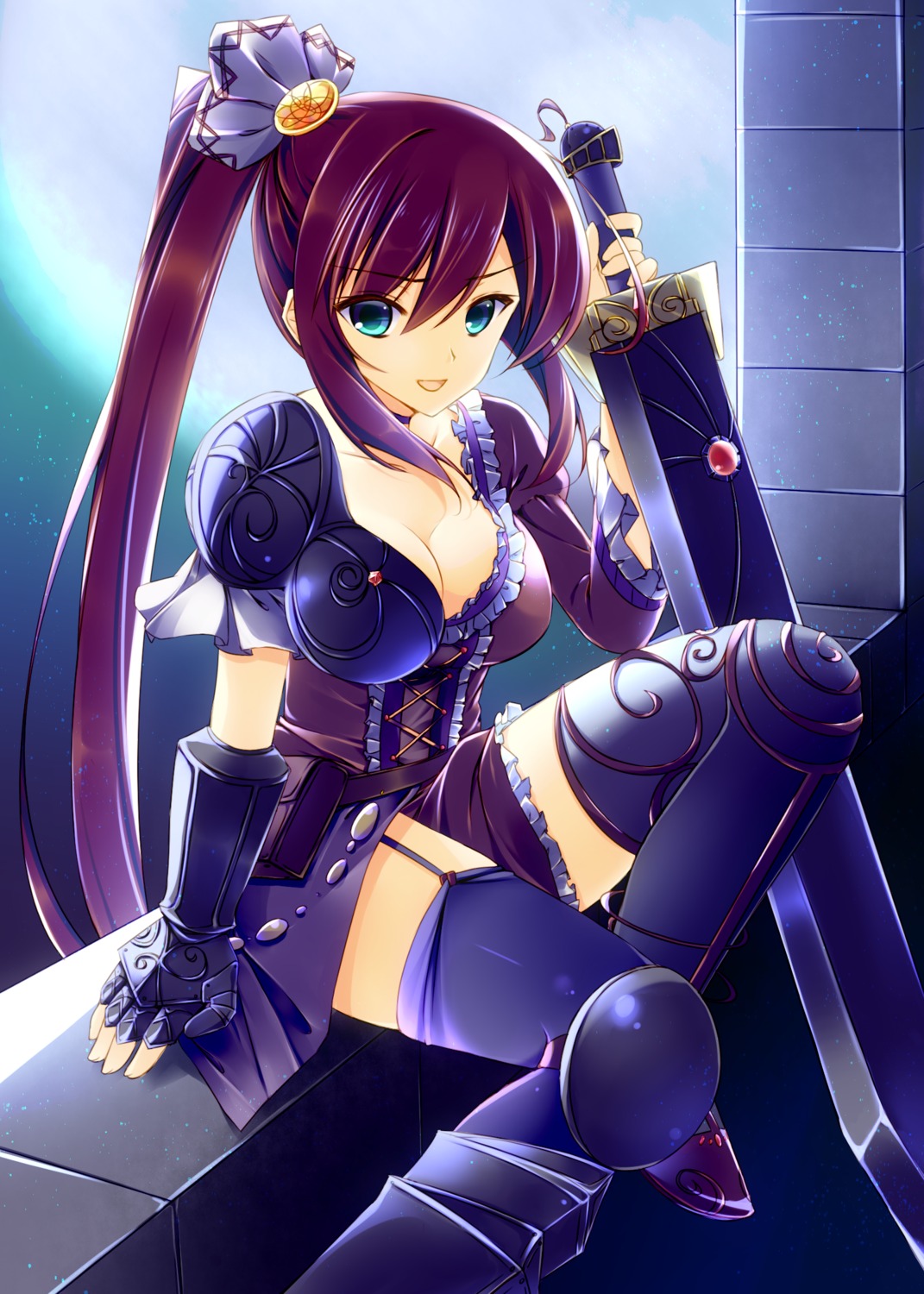 armor cleavage kaku-san-sei_million_arthur miyashita_maka stockings sword thighhighs