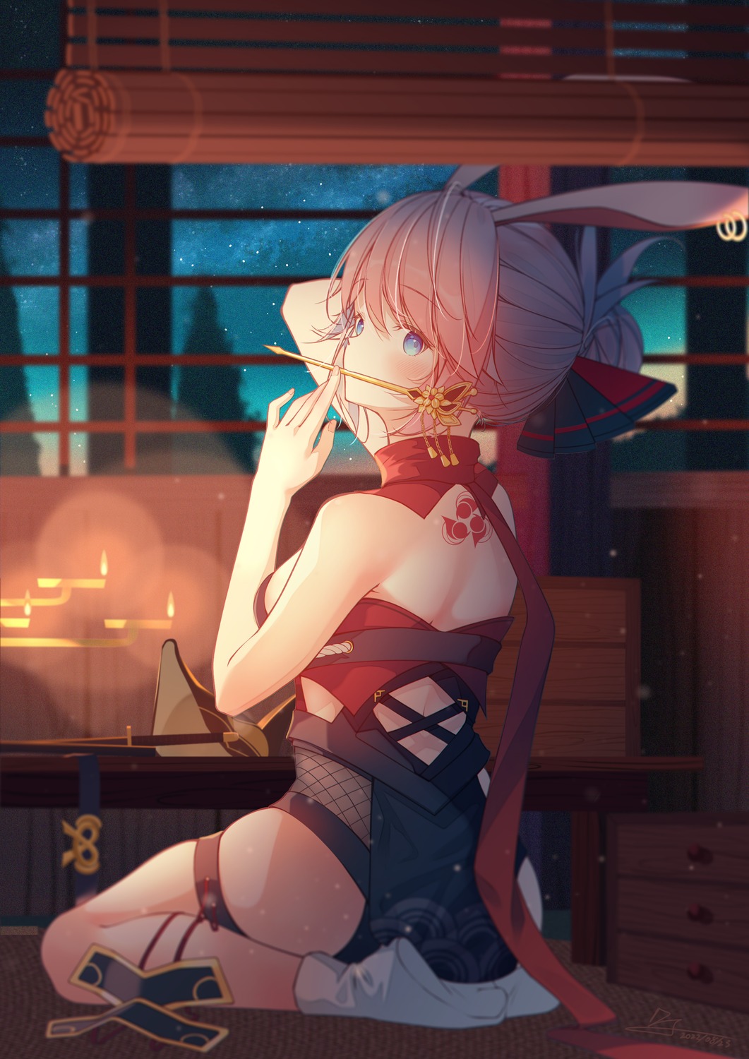 animal_ears benghuai_xueyuan bunny_ears fishnets garter honkai_impact no_bra okawa2000 see_through tattoo yae_kasumi