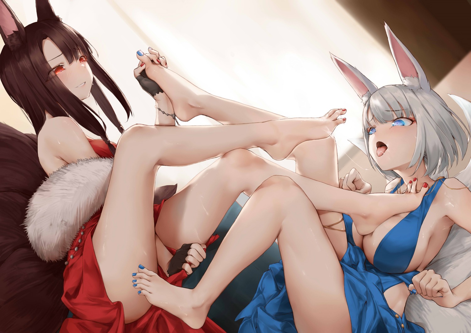 akagi_(azur_lane) animal_ears azur_lane dress feet kaga_(azur_lane) kitsune no_bra oshin0_(zheng) skirt_lift tail yuri