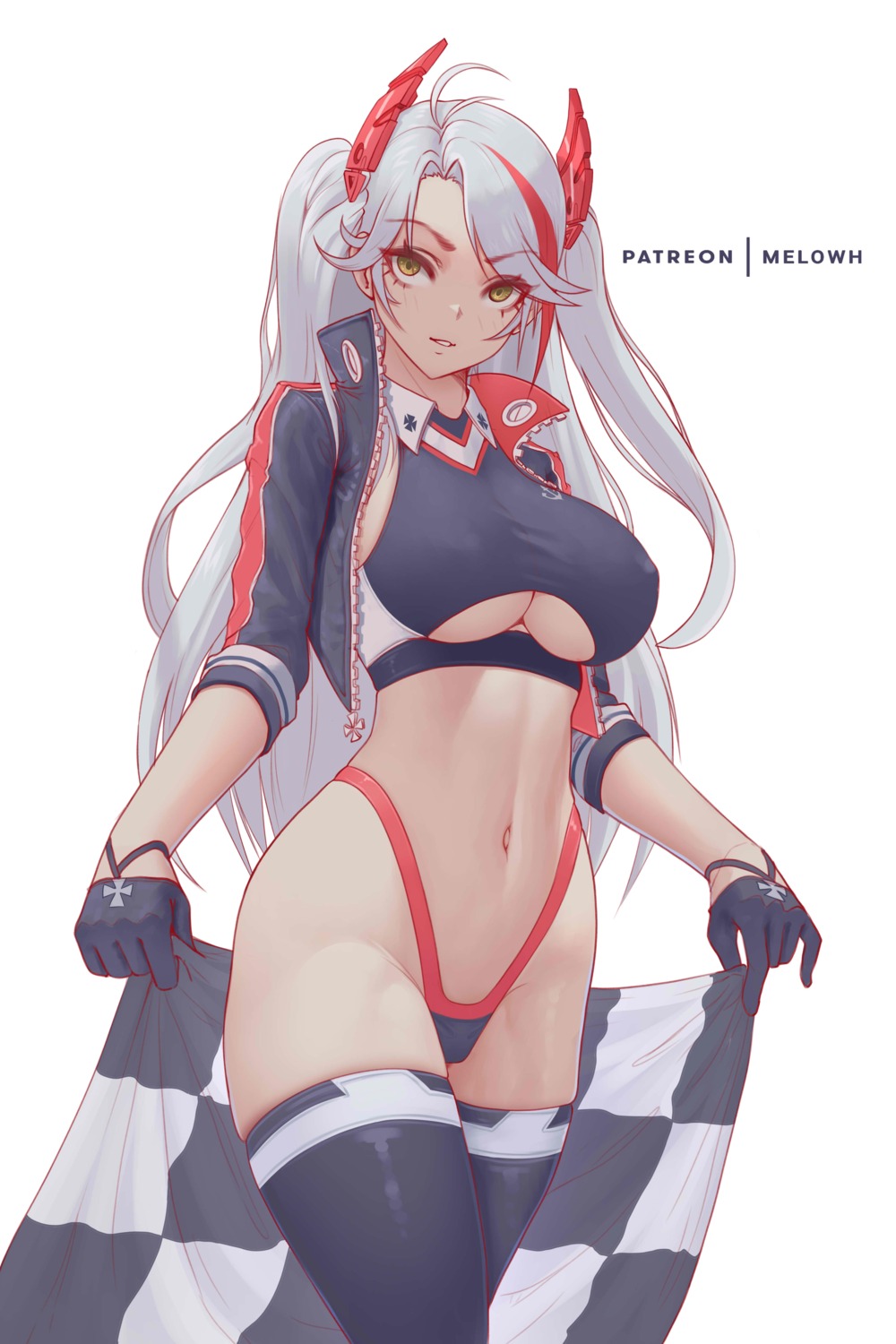 azur_lane erect_nipples horns melowh no_bra pantsu prinz_eugen_(azur_lane) thighhighs underboob