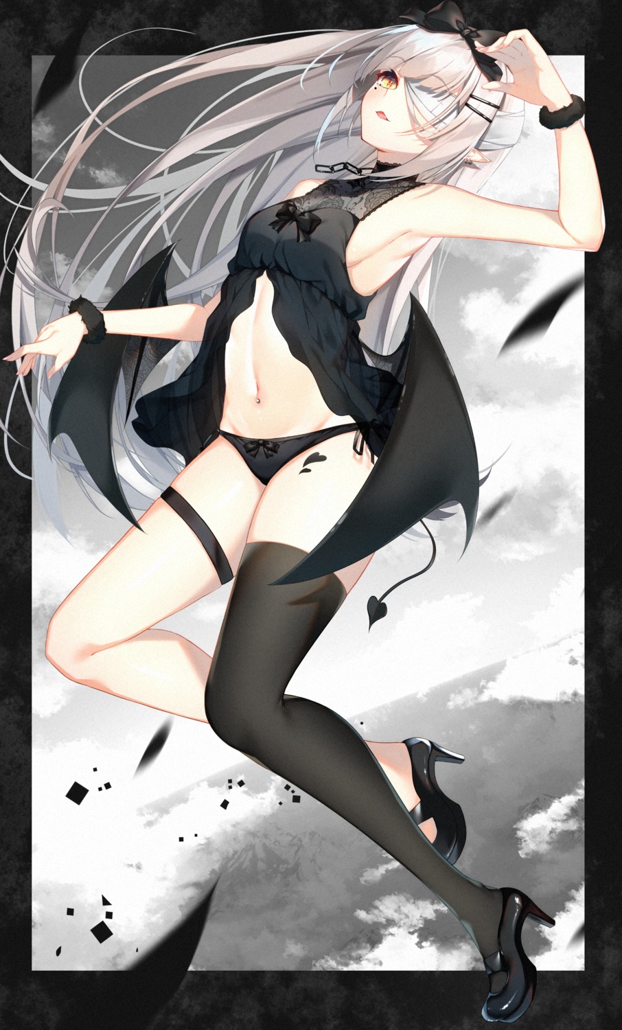 bandages eyepatch fishnets garter heels lingerie pointy_ears see_through tail takuro_(taku3949) thighhighs wings