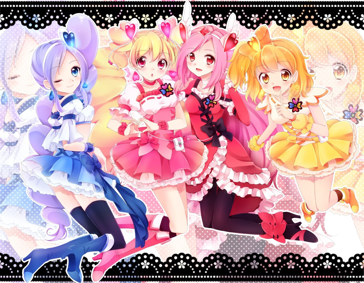 aono_miki fresh_precure! higashi_setsuna momozono_love pantyhose precure thighhighs uduki-shi yamabuki_inori