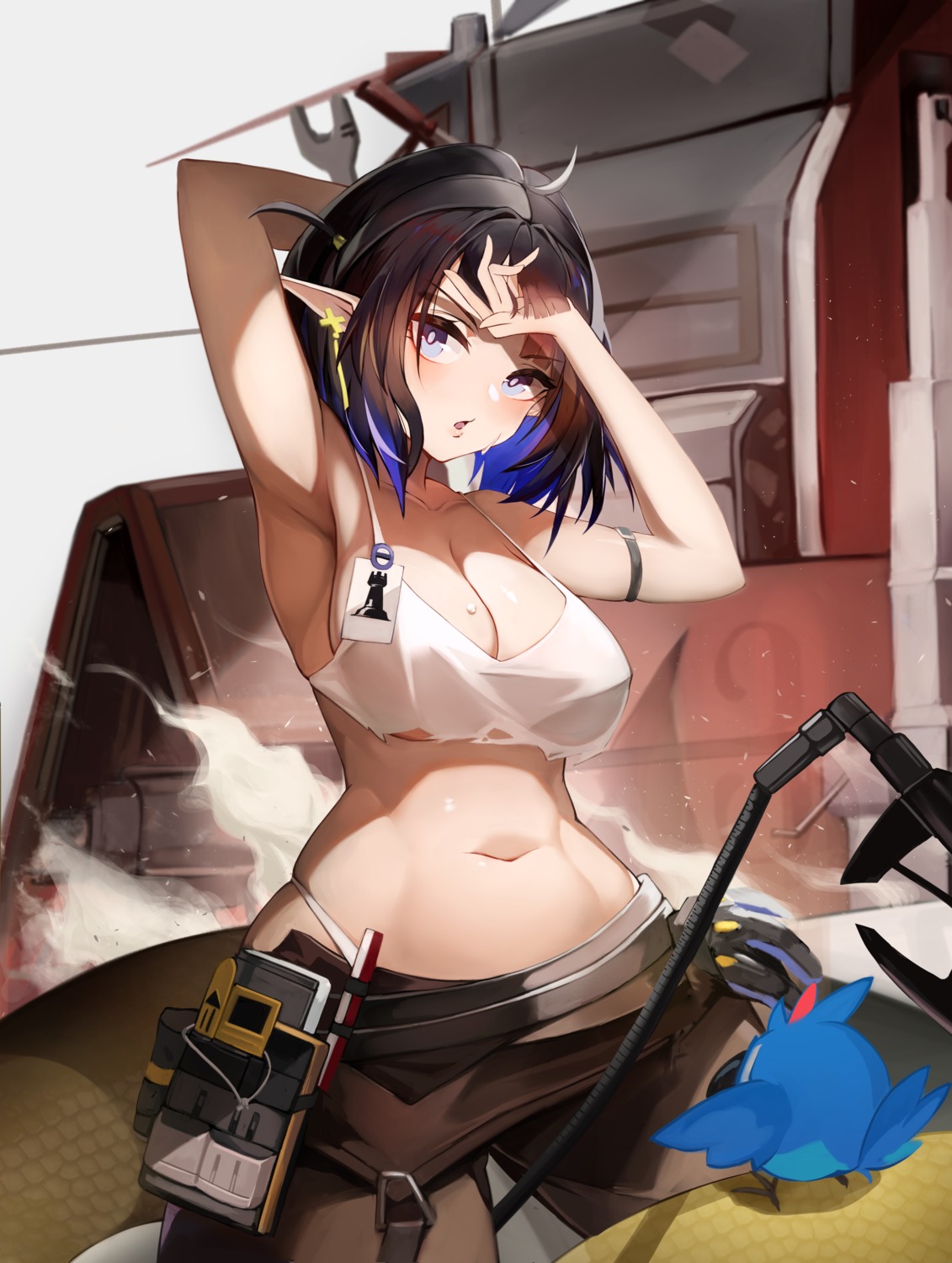 arknights clearhand cleavage eunectes_(arknights) no_bra pantsu pointy_ears torn_clothes
