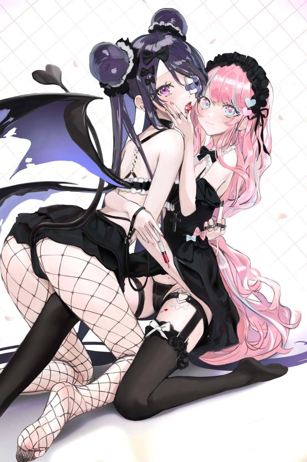 ass blood dress fishnets garter gothic_lolita lolita_fashion macaroni_tamago pantsu pantyhose skirt_lift stockings tail thighhighs wings yuri