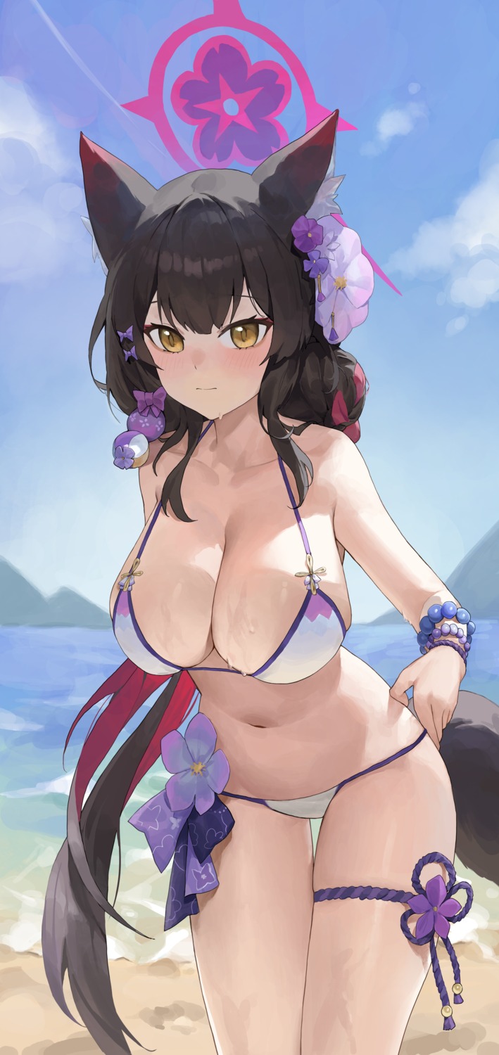 animal_ears bikini blue_archive garter halo huomianbao39445 kitsune kosaka_wakamo swimsuits tail wet