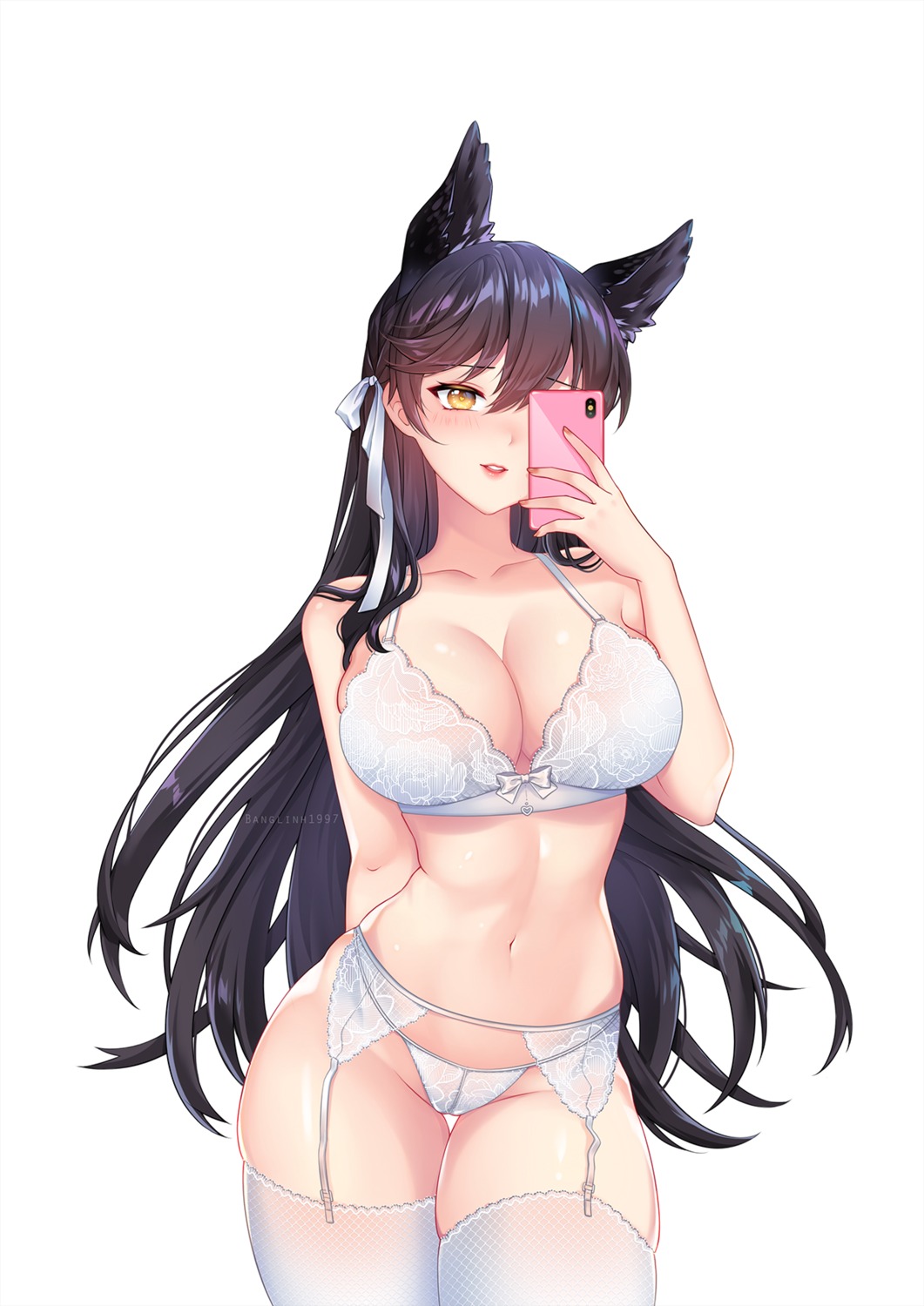 animal_ears atago_(azur_lane) azur_lane banglinh1997 bra garter_belt lingerie pantsu see_through stockings thighhighs