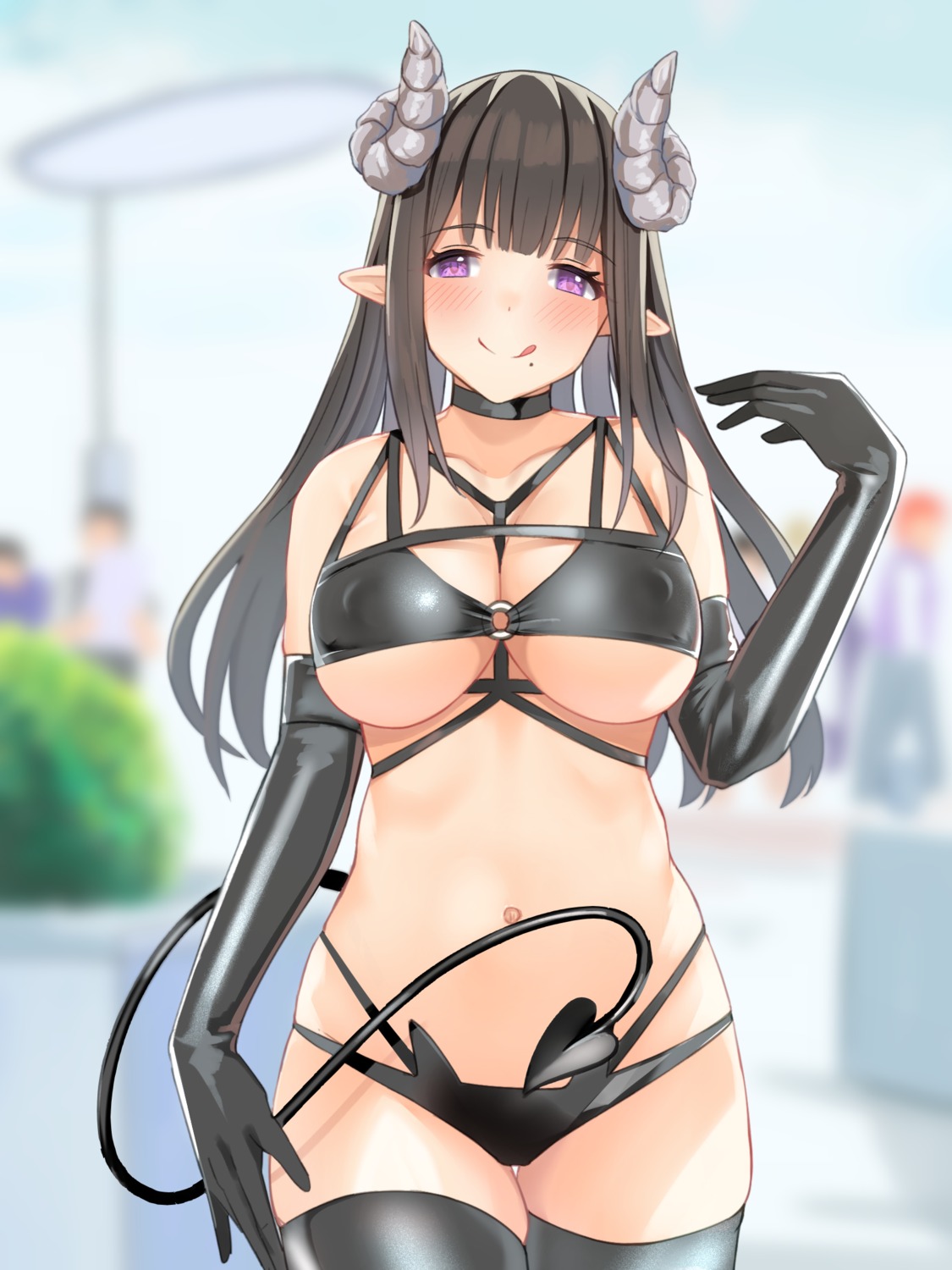 bikini erect_nipples horns koukoku pointy_ears swimsuits tail thighhighs