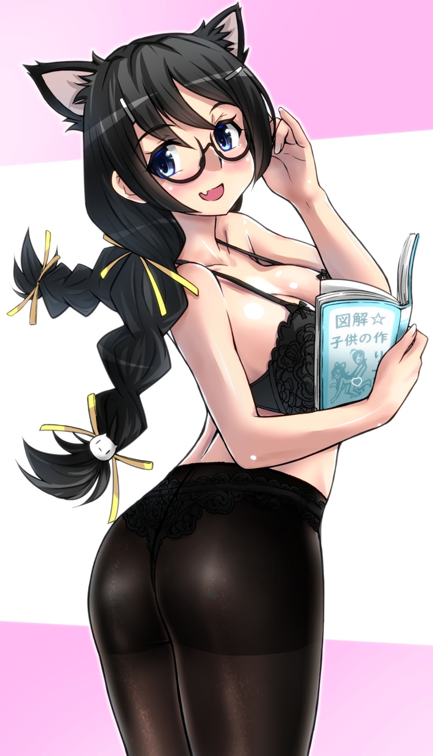 animal_ears ass bakemonogatari bra hanekawa_tsubasa kizumonogatari lingerie megane monogatari_(series) nekomimi nekomonogatari pantsu pantyhose tagme thong