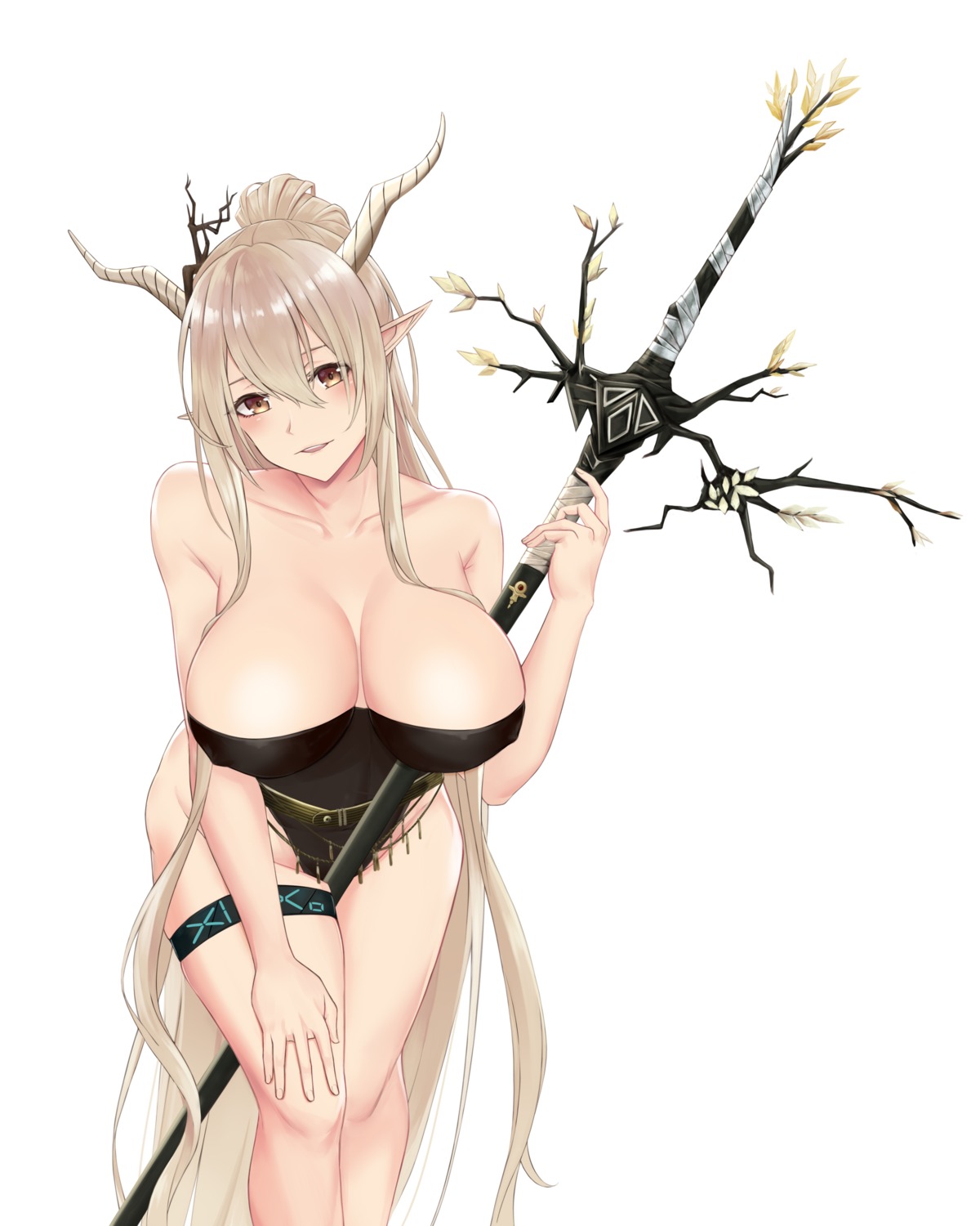 arknights garter horns pointy_ears qiye_luoying shining_(arknights) swimsuits weapon