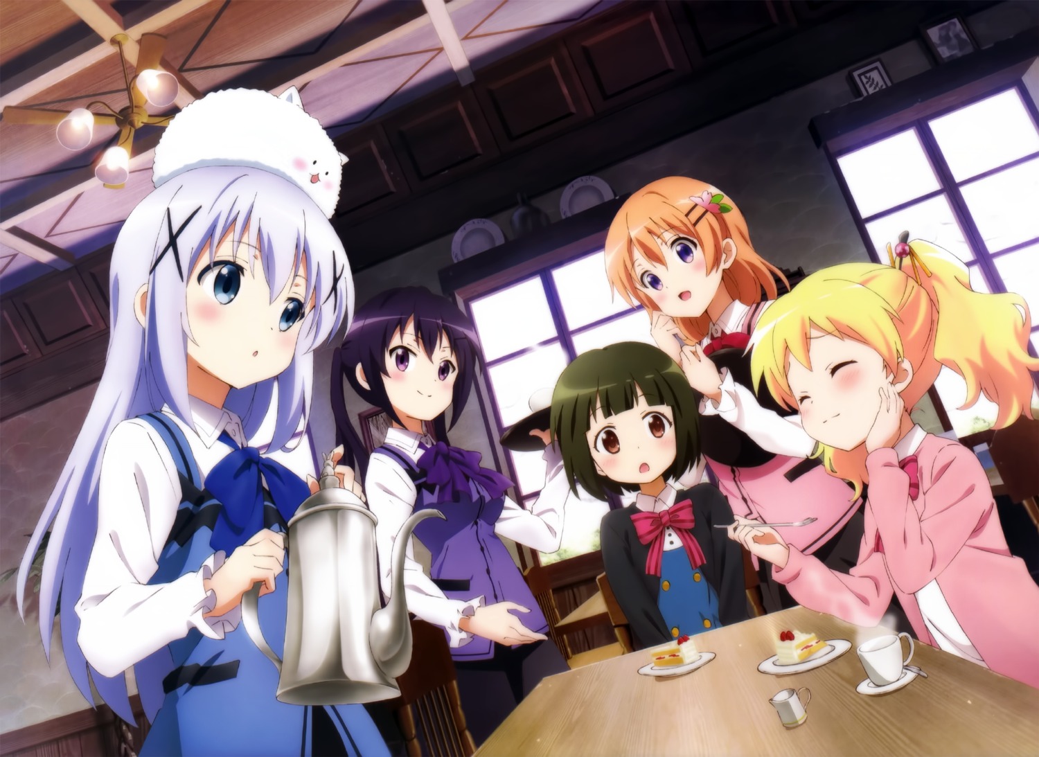 alice_cartelet crossover gochuumon_wa_usagi_desu_ka? hoto_cocoa kafuu_chino kin'iro_mosaic oomiya_shinobu seifuku tagme tedeza_rize tippy_(gochuumon_wa_usagi_desu_ka?) waitress