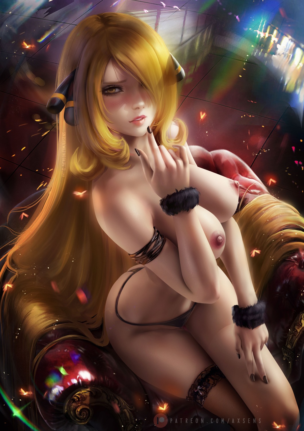 axsens fishnets nipples pantsu pokemon pokemon_bdsp pokemon_dppt shirona_(pokemon) thighhighs thong topless