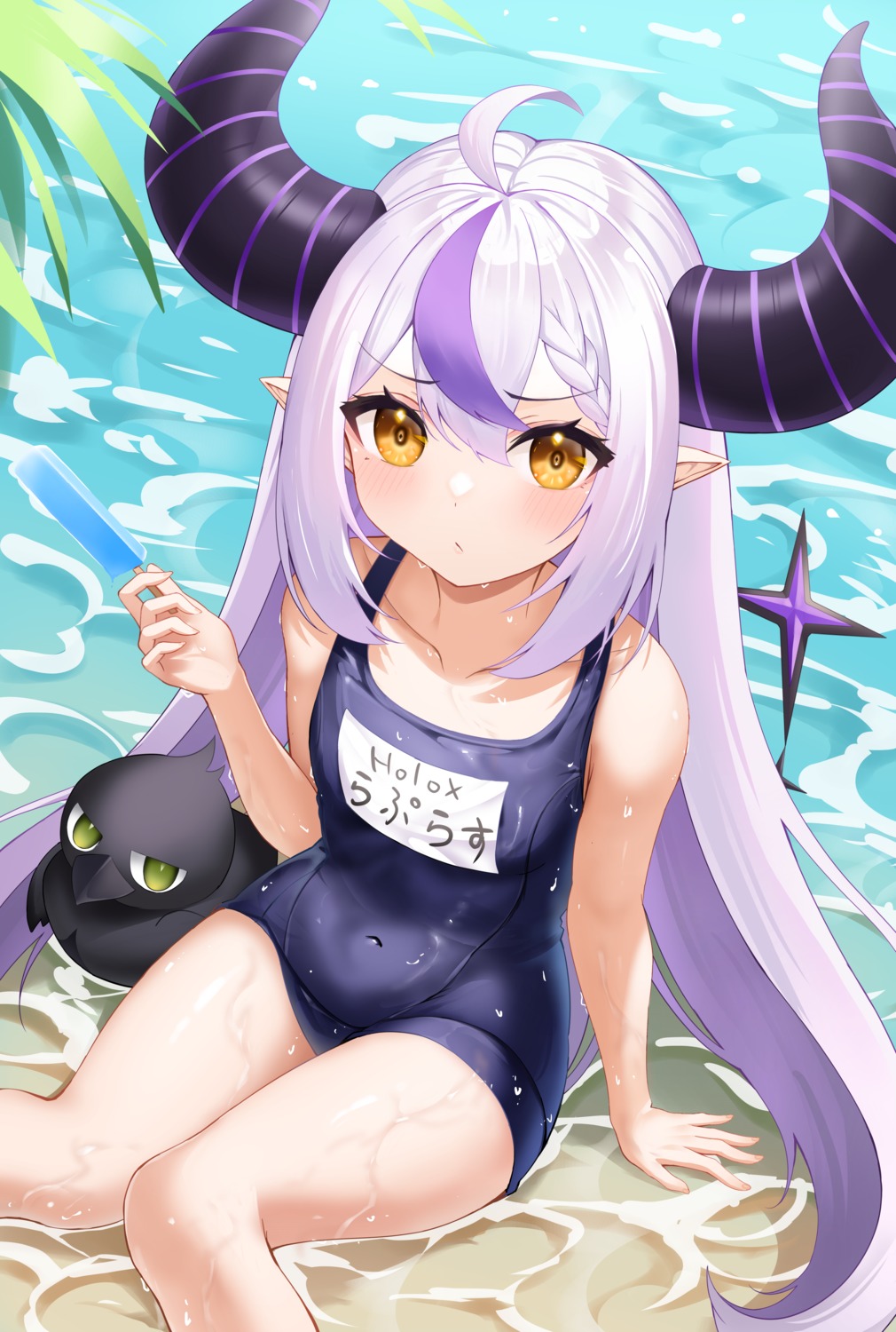 crow_(la+_darknesss) hololive horns la+_darknesss loli pointy_ears roina_(effj7473) school_swimsuit swimsuits tail wet wet_clothes